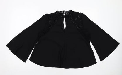 Additional front view of Miss Selfridge women’s black polyester basic blouse, size UK 10, v-neck - flute sleeve lace detail