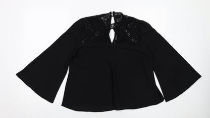 Back view of Miss Selfridge women’s black polyester basic blouse, size UK 10, v-neck - flute sleeve lace detail