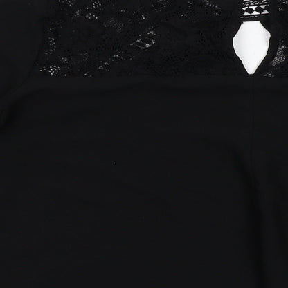 Brand and care label for Miss Selfridge women’s black polyester basic blouse, size UK 10, v-neck - flute sleeve lace detail