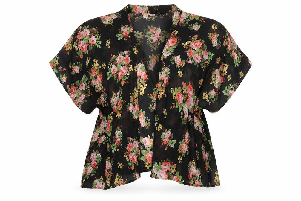 New Look Girls Black Floral Polyester Kimono Blouse Size M V-Neck