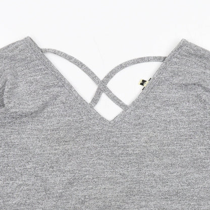 Close-up detail of Miss Selfridge women’s grey polyester basic t-shirt, size UK 8, v-neck