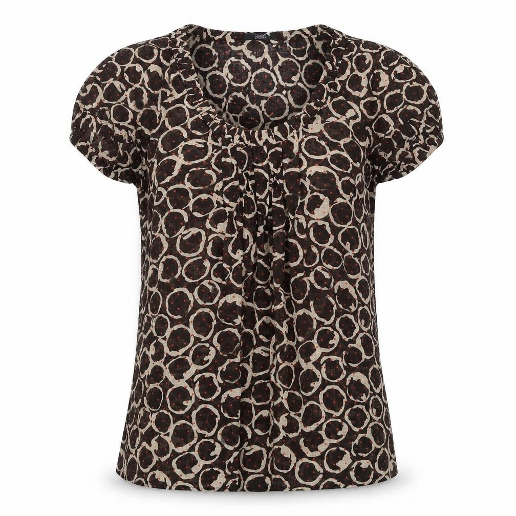 Marks & Spencer Womens Brown Geometric Polyester Basic Blouse Size 8 Scoop Neck - Front Pleat Detail