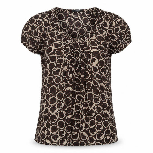 Marks and Spencer Womens Brown Geometric Polyester Basic Blouse Size 8 Scoop Neck - Front Pleat Detail