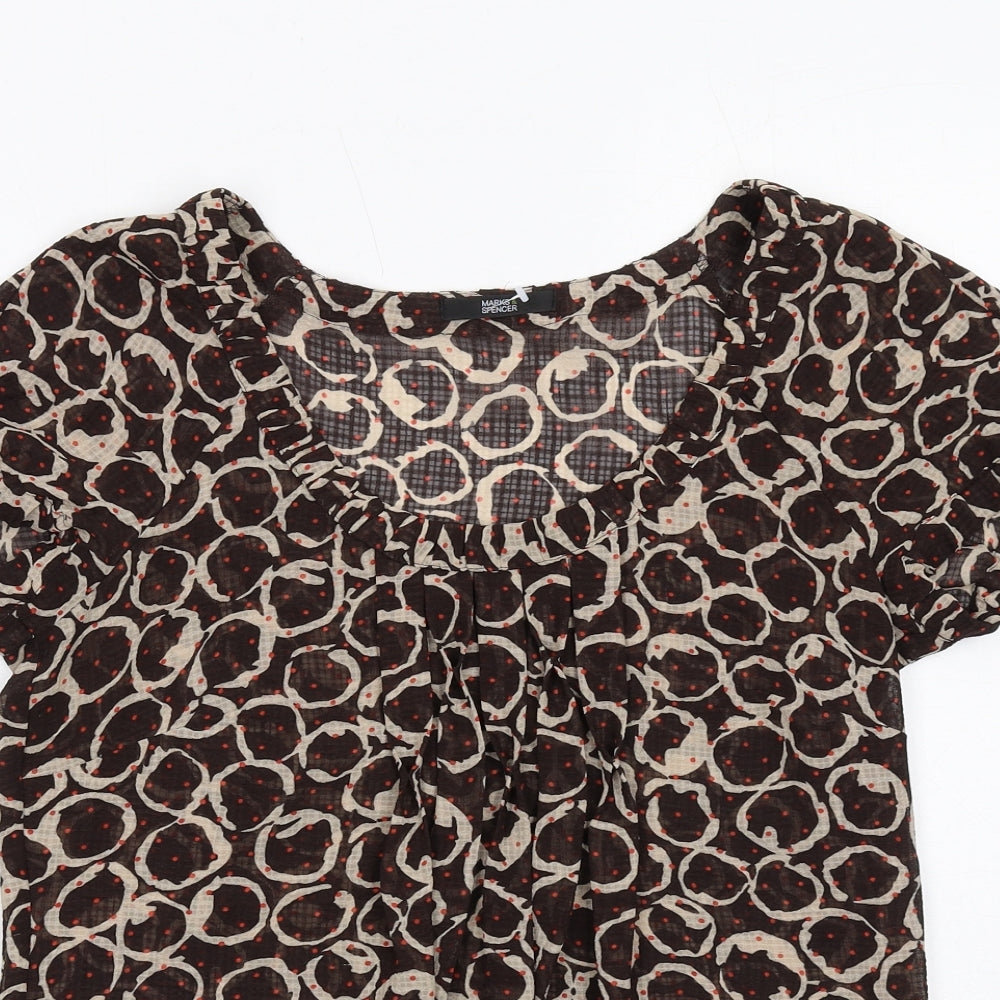 Marks and Spencer Womens Brown Geometric Polyester Basic Blouse Size 8 Scoop Neck - Front Pleat Detail