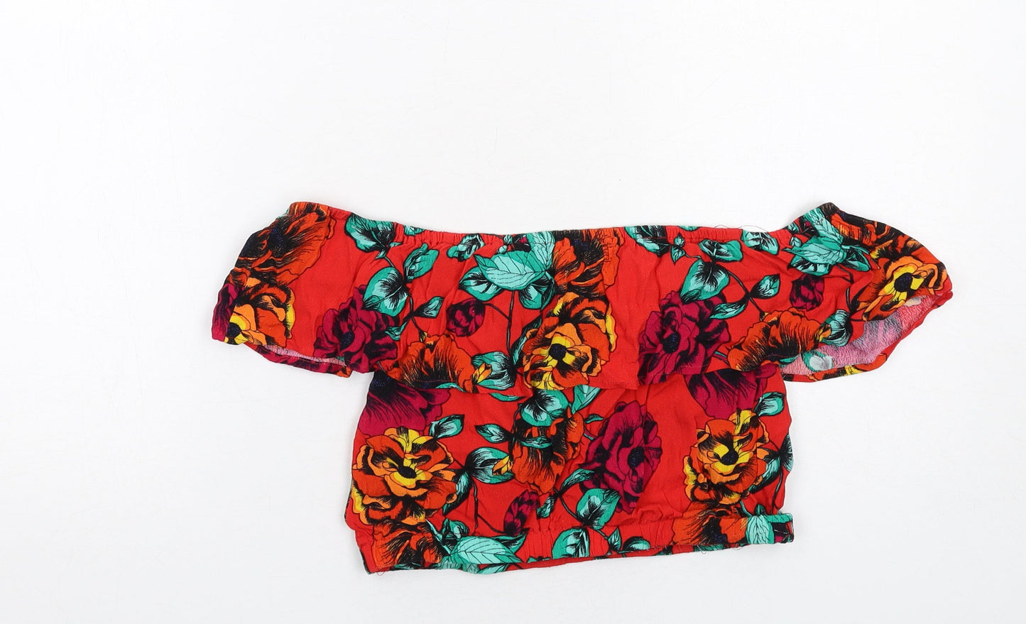MINKPINK Womens Red Floral Polyester Cropped Blouse Size S Off the Shoulder