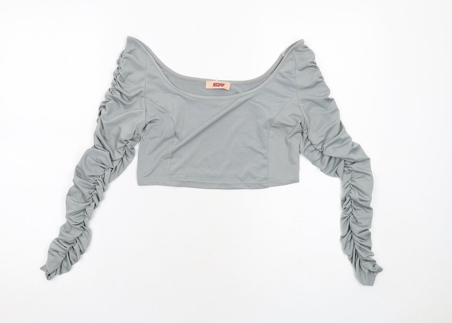 Misspap Womens Grey Polyester Cropped Blouse Size 12 Boat Neck