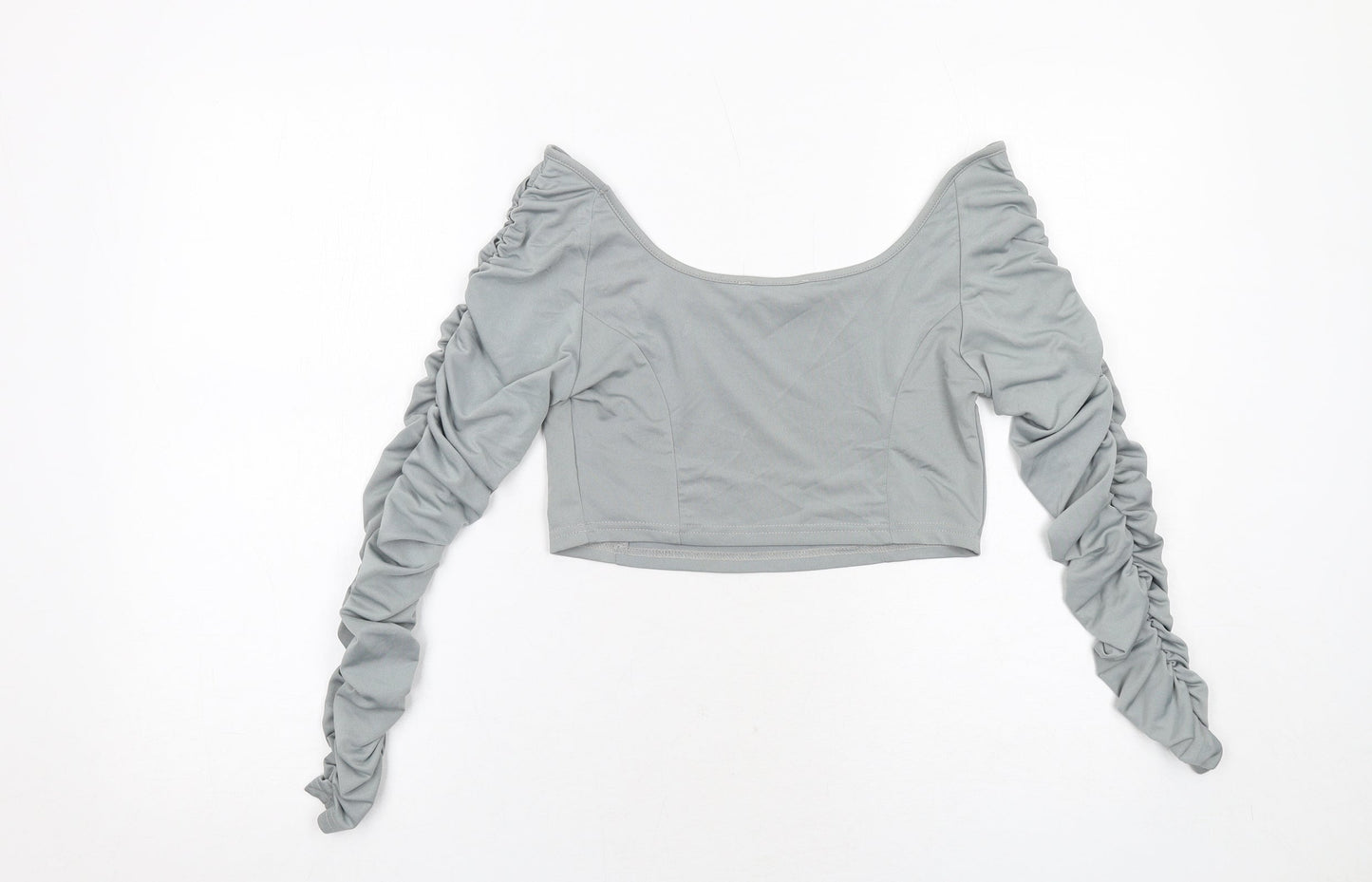 Misspap Womens Grey Polyester Cropped Blouse Size 12 Boat Neck