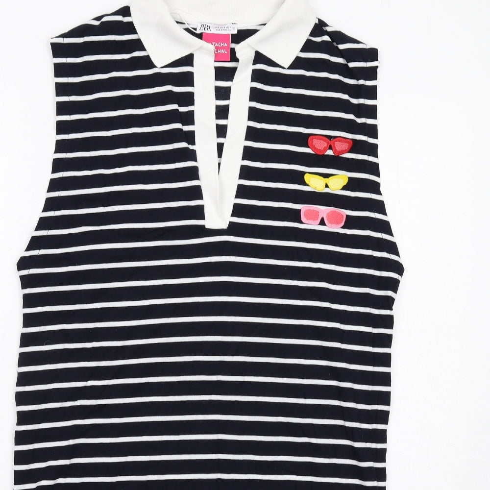 Zara Womens Blue Striped Cotton A-Line Size S Collared Pullover
