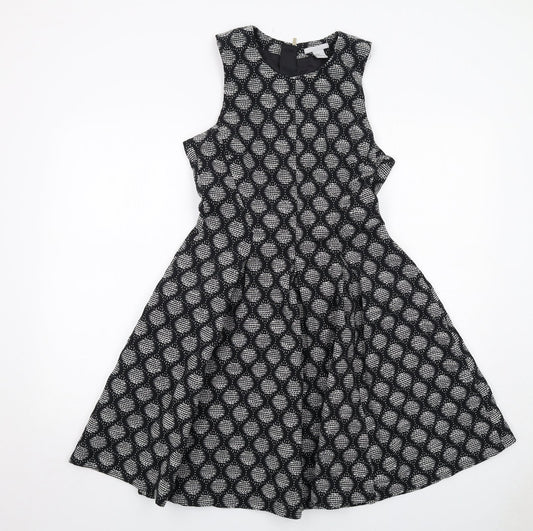 H&M Womens Black Geometric Cotton Trapeze & Swing Size 10 Round Neck Zip