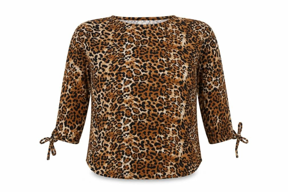 Blue Vanilla Womens Brown Animal Print Polyester Basic Blouse Size S Round Neck - Leopard Print