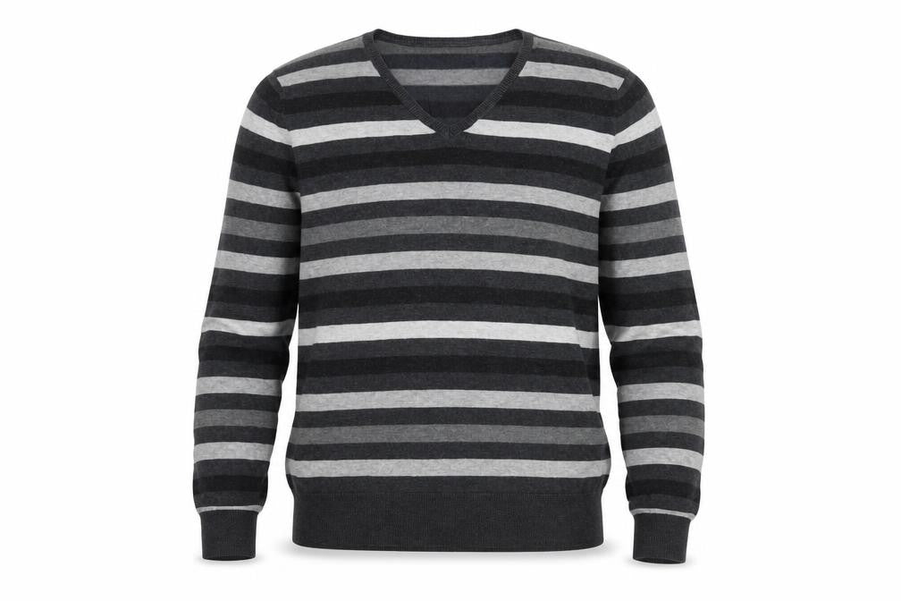 Marks & Spencer Mens Grey V-Neck Striped Cotton Pullover Jumper Size M Long Sleeve