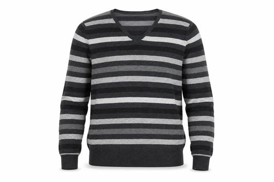 Marks & Spencer Mens Grey V-Neck Striped Cotton Pullover Jumper Size M Long Sleeve