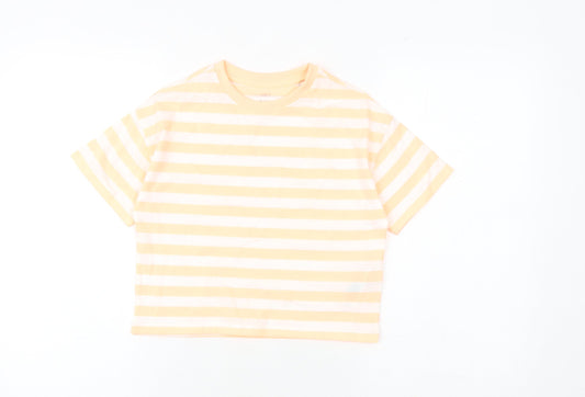Marks and Spencer Girls Orange Striped Cotton Basic T-Shirt Size 7-8 Years Round Neck Pullover