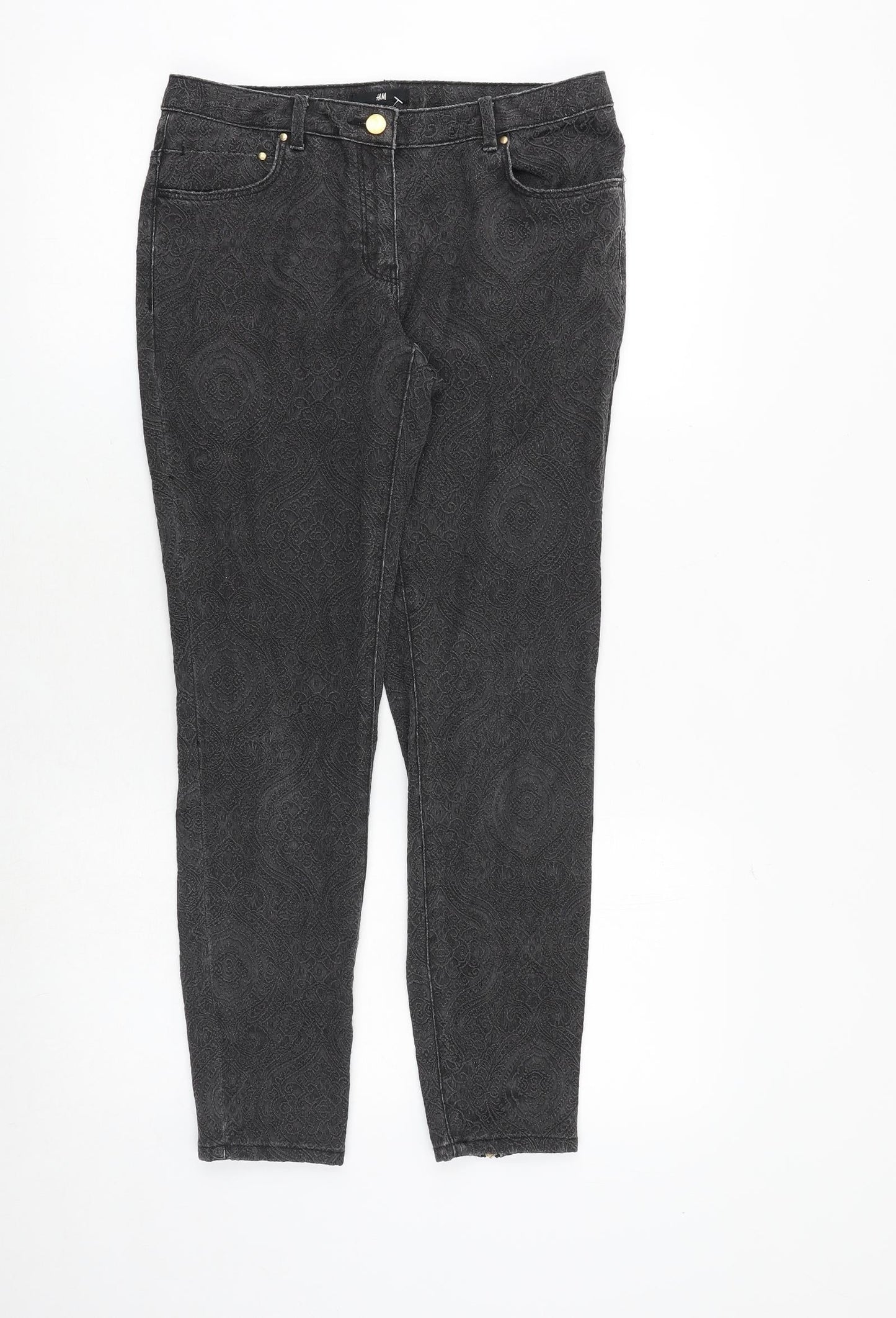 H&M Womens Grey Geometric Cotton Skinny Jeans Size 10 Regular Zip