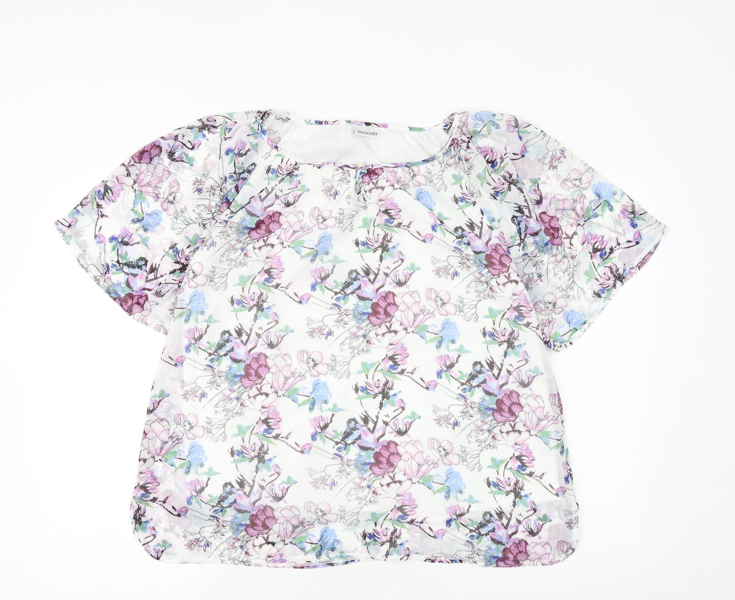 Damart Womens White Floral Polyester Basic Blouse Size 12 Boat Neck