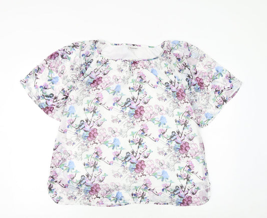 Damart Womens White Floral Polyester Basic Blouse Size 12 Boat Neck