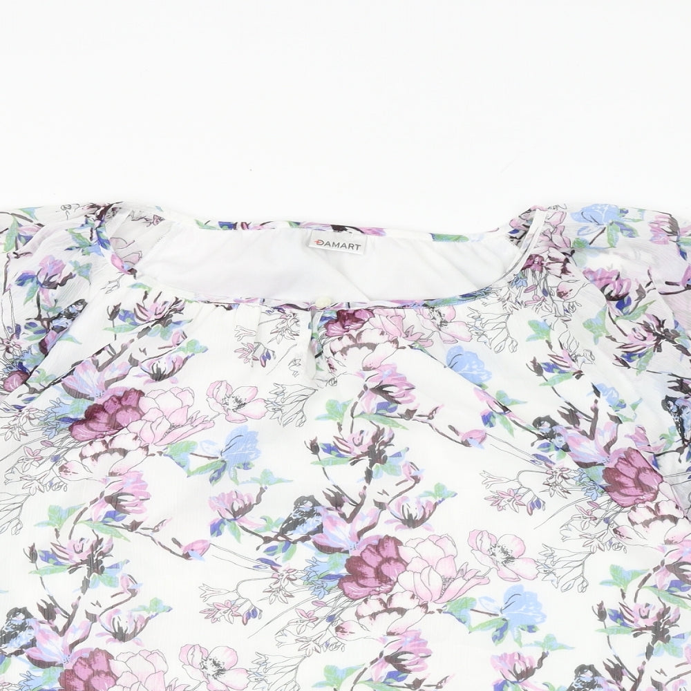 Damart Womens White Floral Polyester Basic Blouse Size 12 Boat Neck
