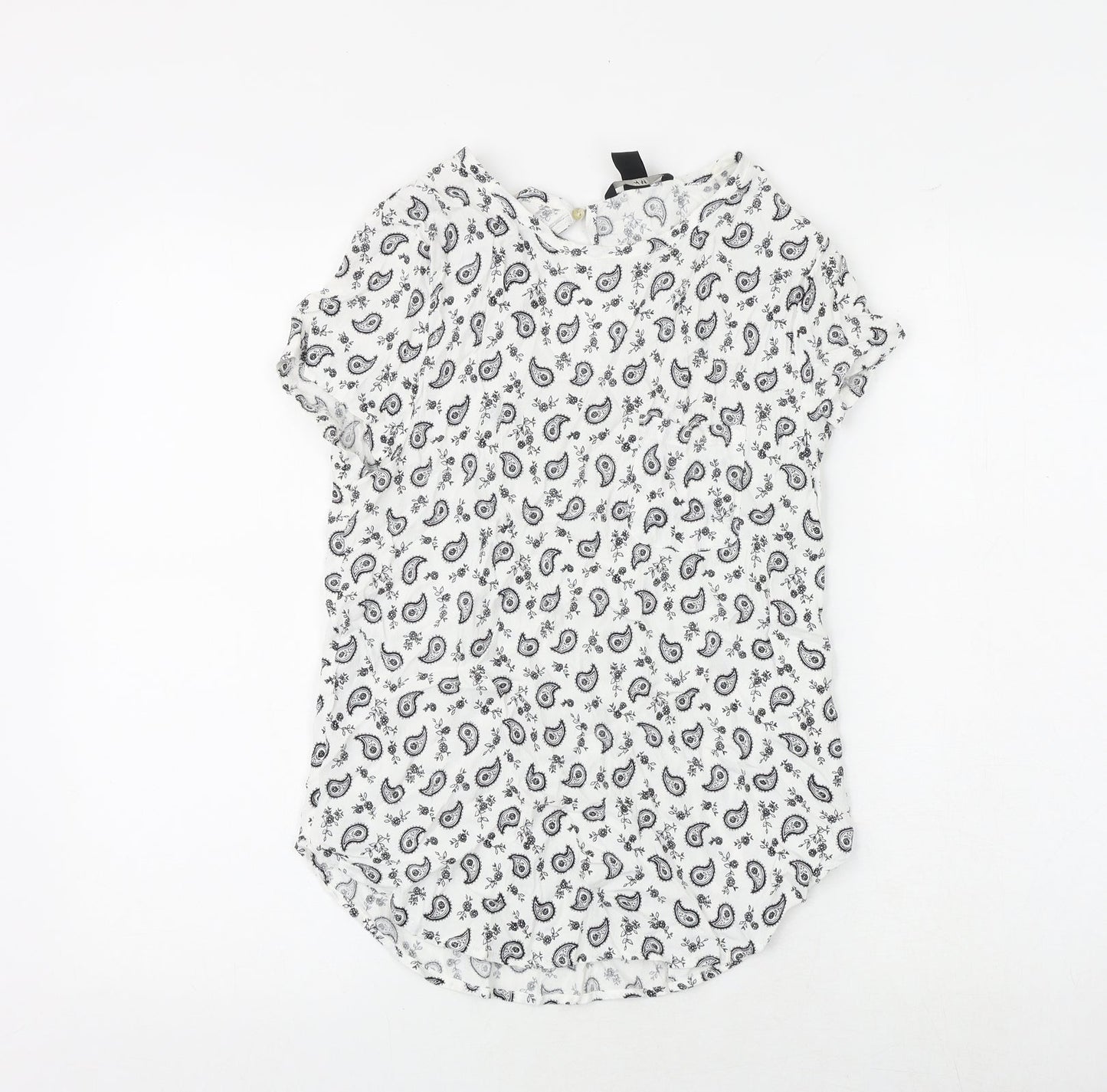 H&M Womens White Paisley Viscose Basic Blouse Size 8 Boat Neck