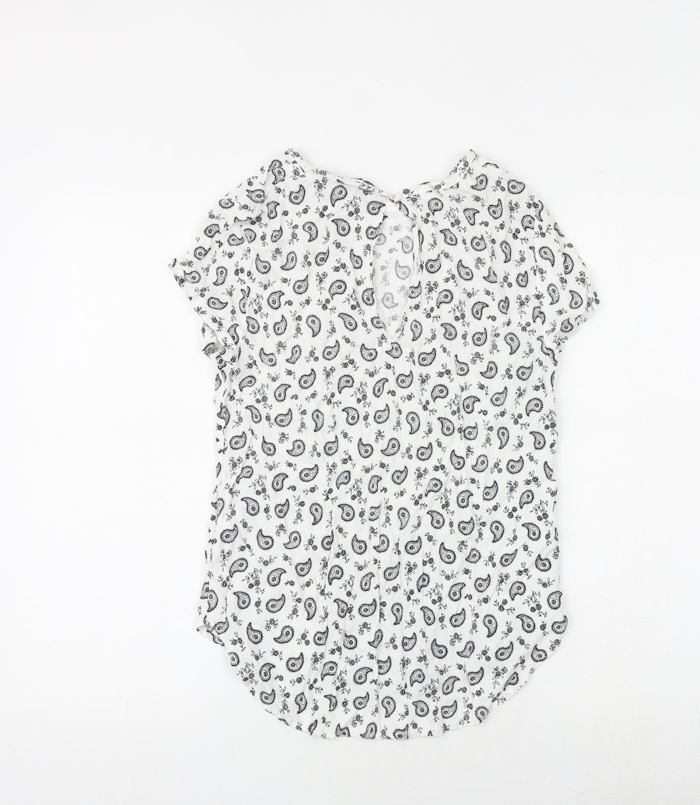 H&M Womens White Paisley Viscose Basic Blouse Size 8 Boat Neck