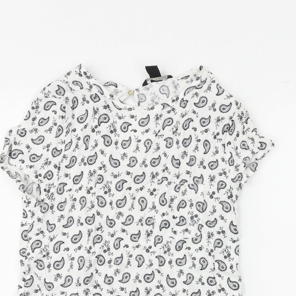 H&M Womens White Paisley Viscose Basic Blouse Size 8 Boat Neck