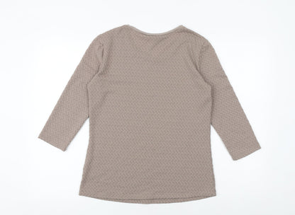 Back view of Canada women’s brown polyester basic t-shirt, size XS, boat neck - textured