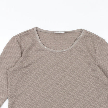 Close-up detail of Canada women’s brown polyester basic t-shirt, size XS, boat neck - textured