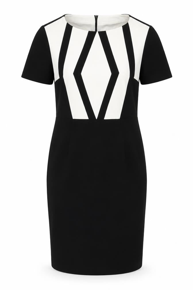 Marks & Spencer Womens Black Geometric Polyester Shift Size 10 Round Neck Zip