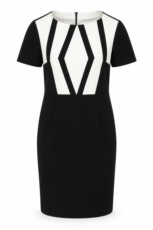 Marks & Spencer Womens Black Geometric Polyester Shift Size 10 Round Neck Zip
