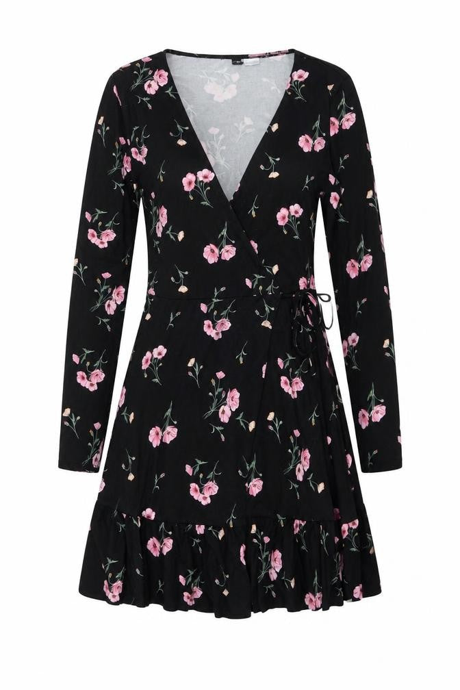 H&M Womens Black Floral Polyester A-Line Size S V-Neck Tie