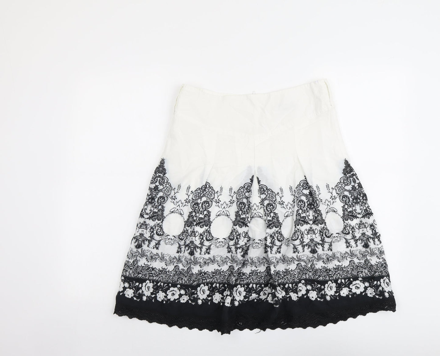 VILA Womens White Geometric Cotton A-Line Skirt Size S Zip
