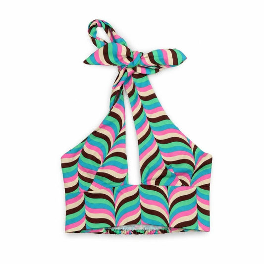 Zara Womens Multicoloured Geometric Polyester Cropped Tank Size S Halter - Shirred Back