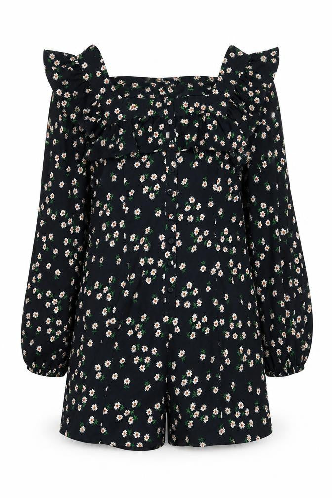 Topshop Womens Blue Floral Polyester Playsuit One-Piece Size 10 Button - Ruffle