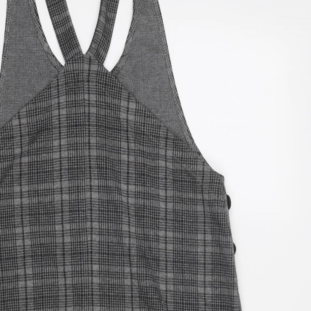Multiblu Womens Grey Geometric Polyester Pinafore/Dungaree Dress Size 14 Round Neck Button