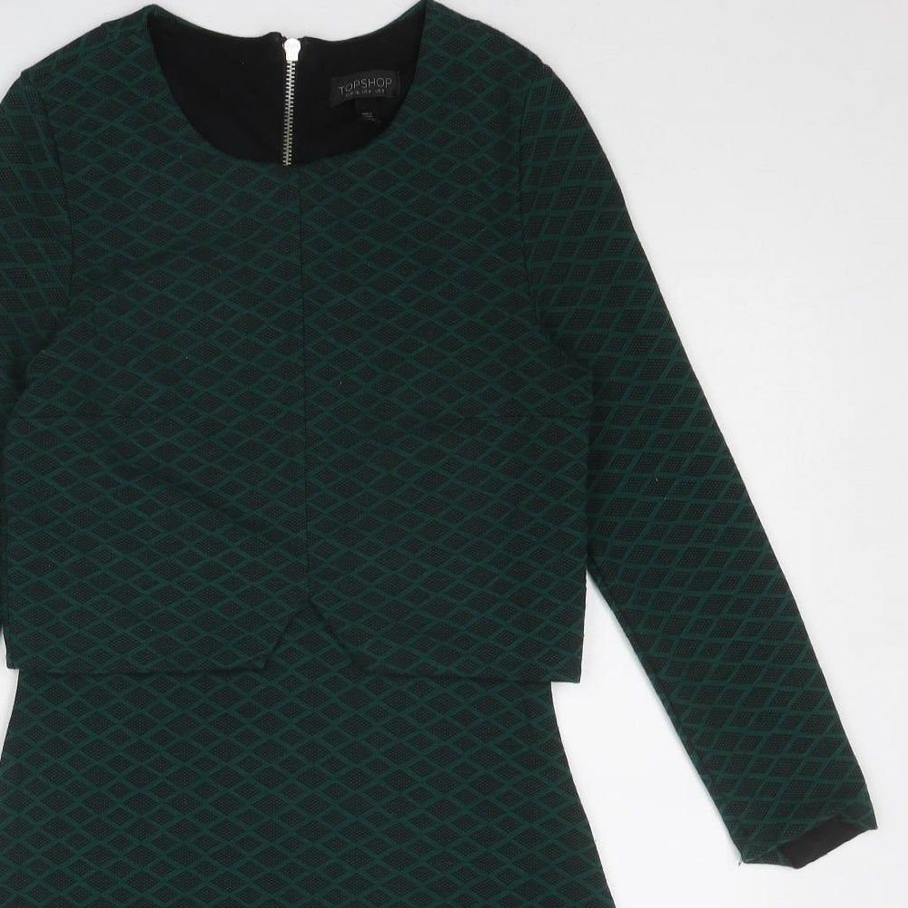 Topshop Womens Green Geometric Polyester A-Line Size 8 Round Neck Zip