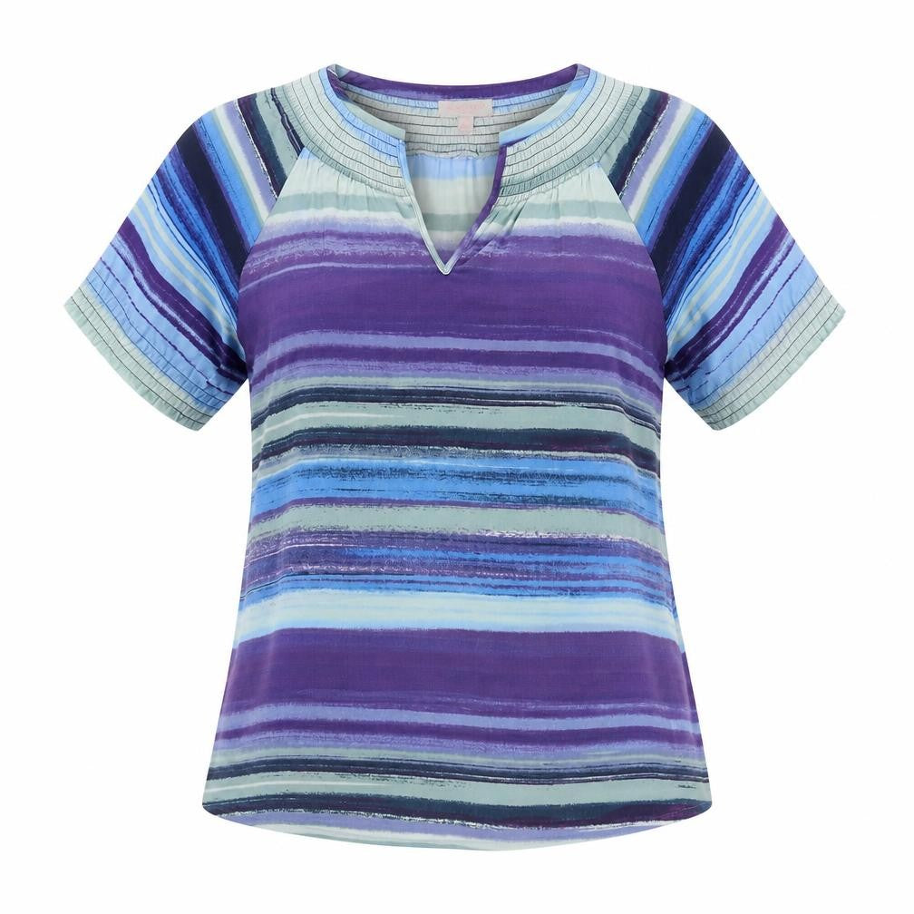 Gharani Strok Womens Blue Striped Polyester Basic T-Shirt Size L V-Neck
