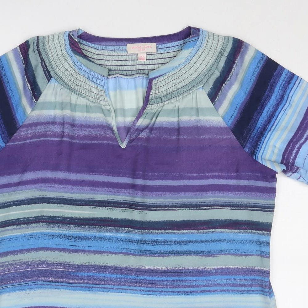 Gharani Strok Womens Blue Striped Polyester Basic T-Shirt Size L V-Neck