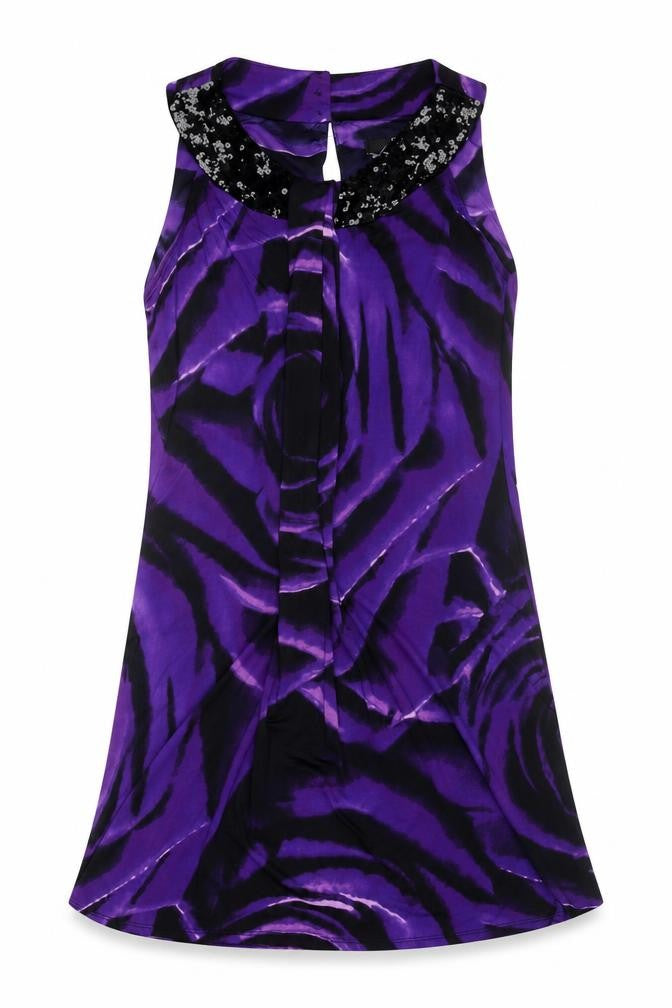 Debenhams Womens Purple Geometric Polyester A-Line Size 8 Round Neck Button