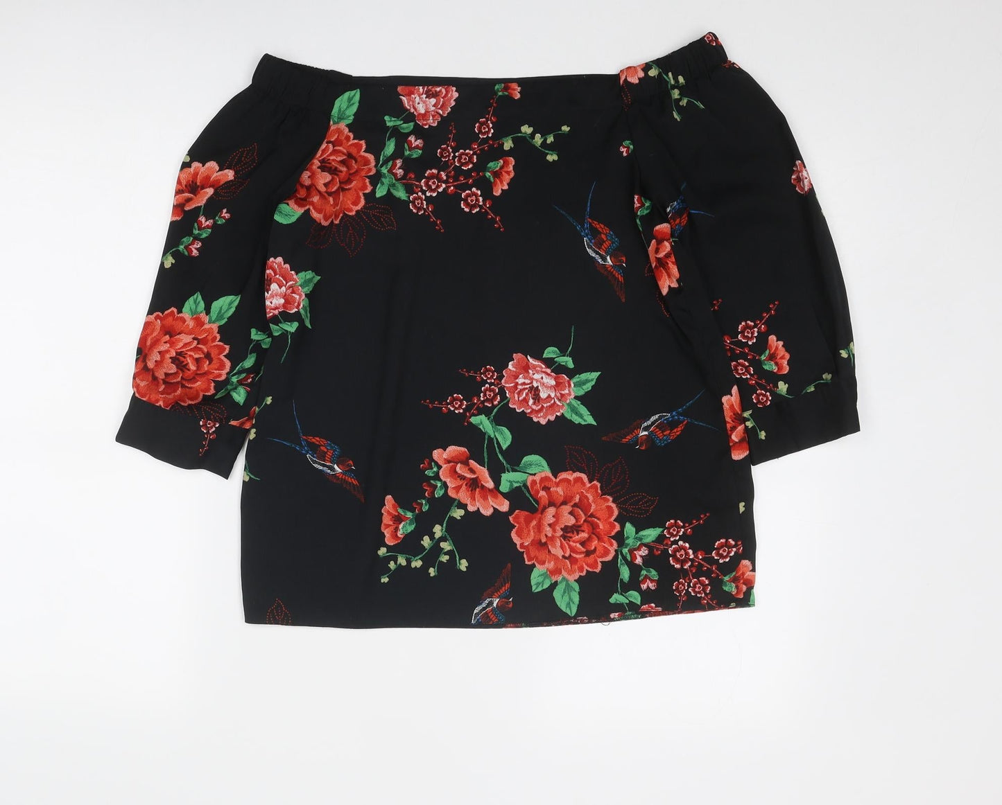 Dorothy Perkins Womens Black Floral Polyester Basic Blouse Size 8 Off the Shoulder