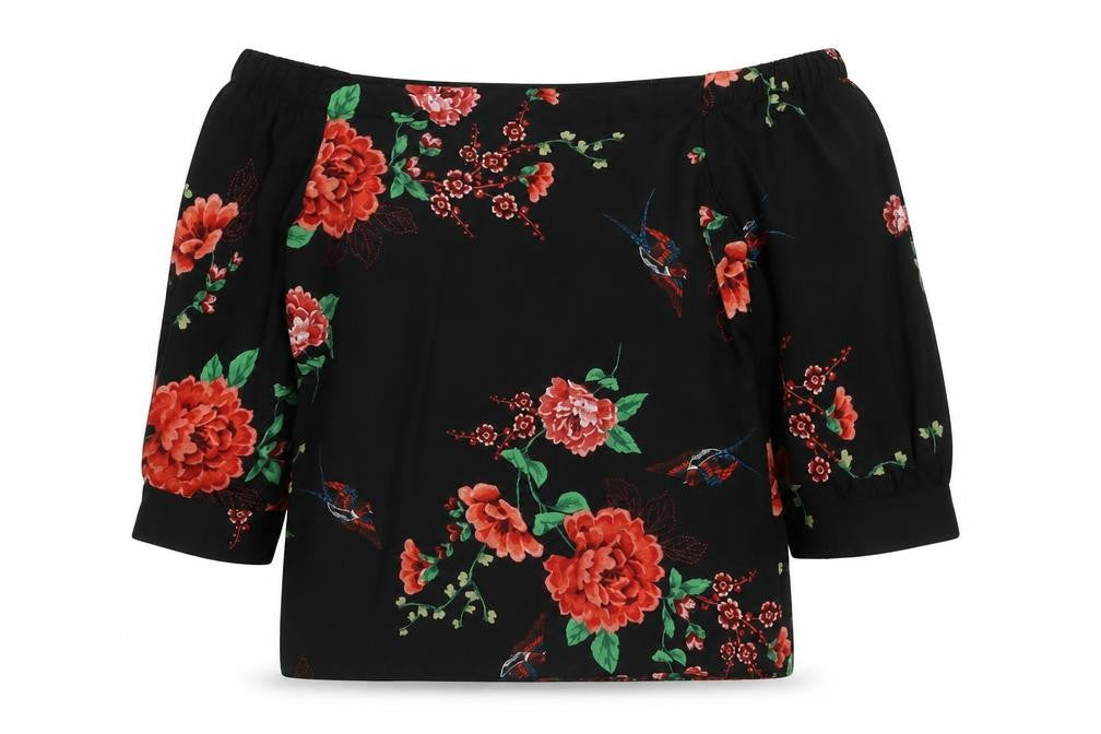 Dorothy Perkins Womens Black Floral Polyester Basic Blouse Size 8 Off the Shoulder