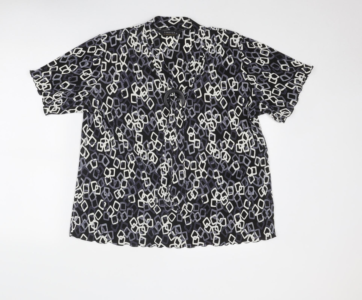 Forever Womens Black Geometric Polyester Basic Blouse Size XL V-Neck - Ring Detail