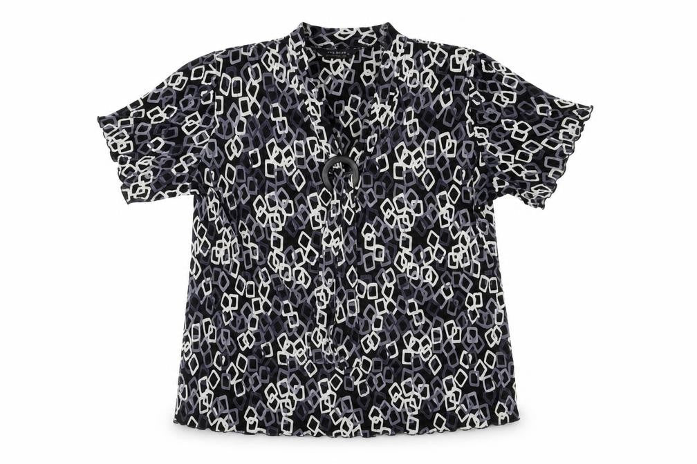 Forever Womens Black Geometric Polyester Basic Blouse Size XL V-Neck - Ring Detail