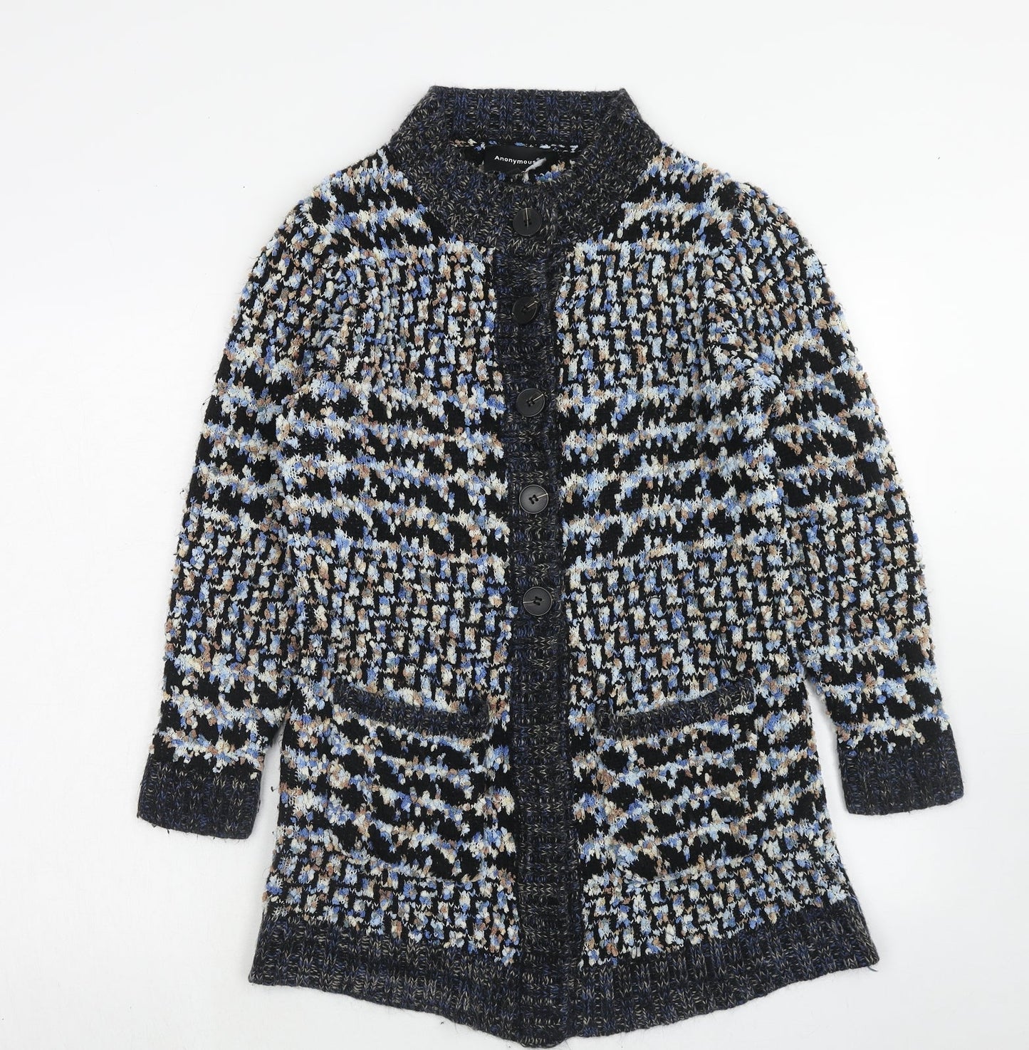 Anonymous Womens Blue Round Neck Geometric Acrylic Cardigan Jumper Size M