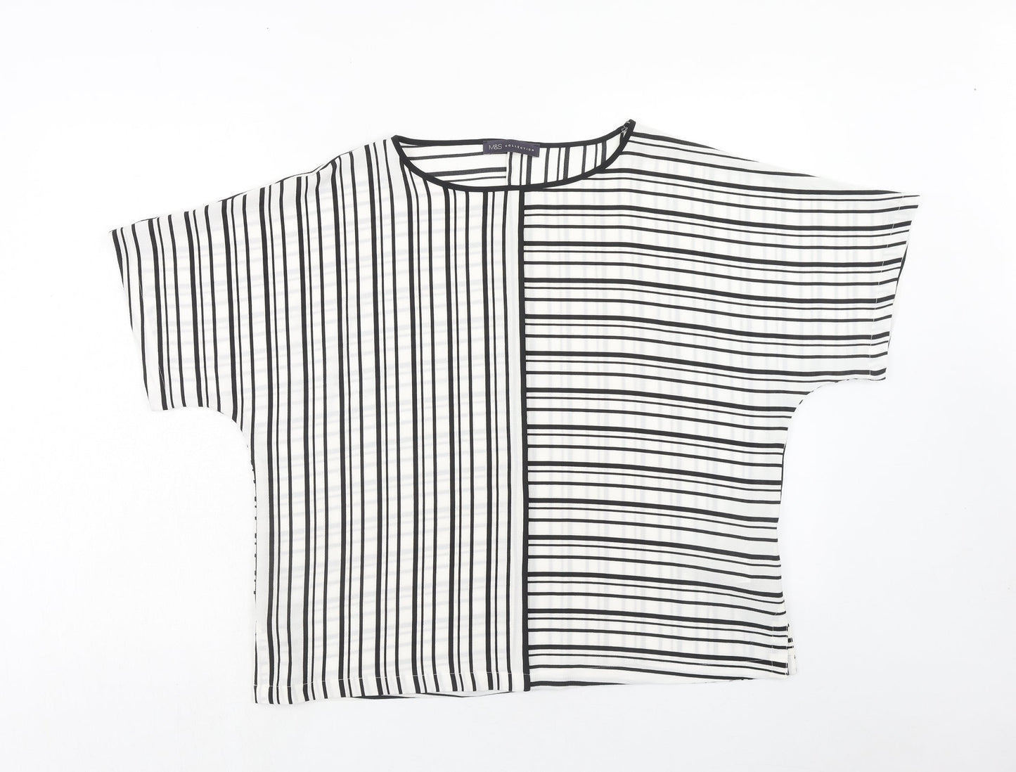 Marks and Spencer Womens White Striped Polyester Basic Blouse Size 14 Round Neck