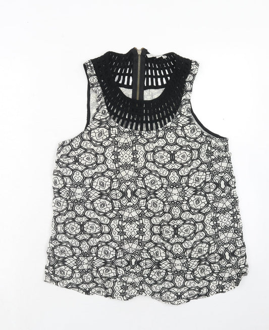 New Look Womens Black Geometric Viscose Basic Blouse Size 14 Round Neck - Neckline Detail