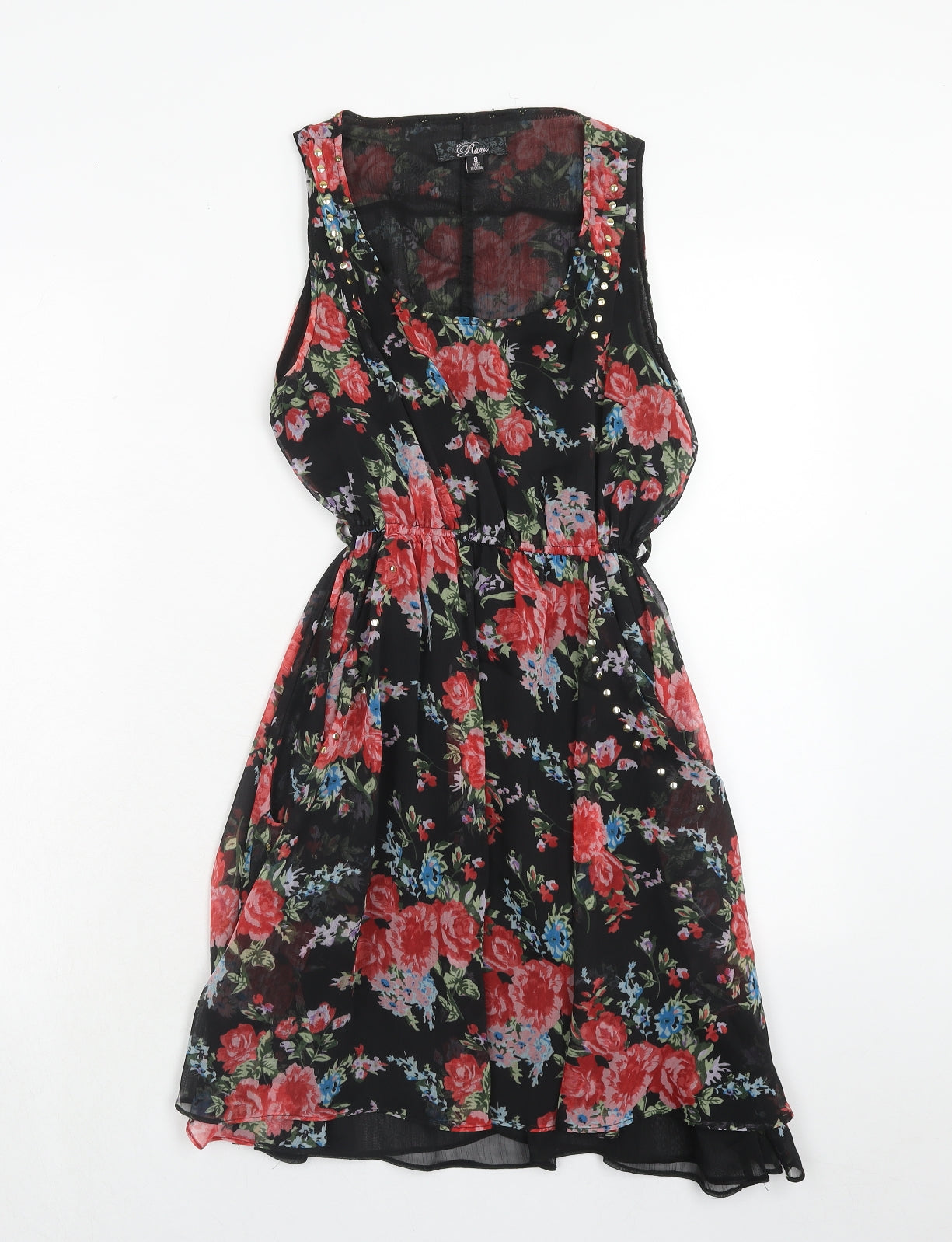 Rare Womens Red Floral Polyester Fit & Flare Size 8 Scoop Neck Pullover