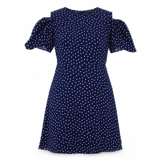 Front view of Miss Selfridge women’s blue polka dot polyester a-line, size UK 10, round neck zip - cold shoulder