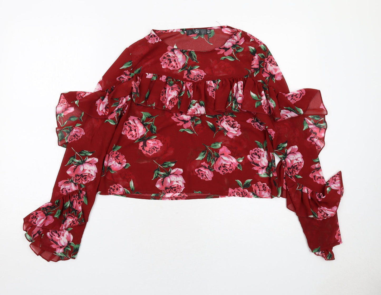 Missguided Womens Red Floral Polyester Basic Blouse Size 6 Round Neck