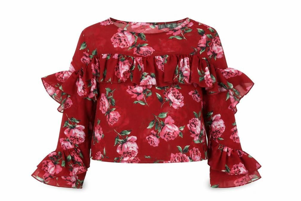 Missguided Womens Red Floral Polyester Basic Blouse Size 6 Round Neck
