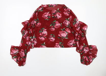Back view of Missguided women’s red floral polyester basic blouse, size UK 6, round neck