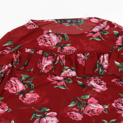 Close-up detail of Missguided women’s red floral polyester basic blouse, size UK 6, round neck